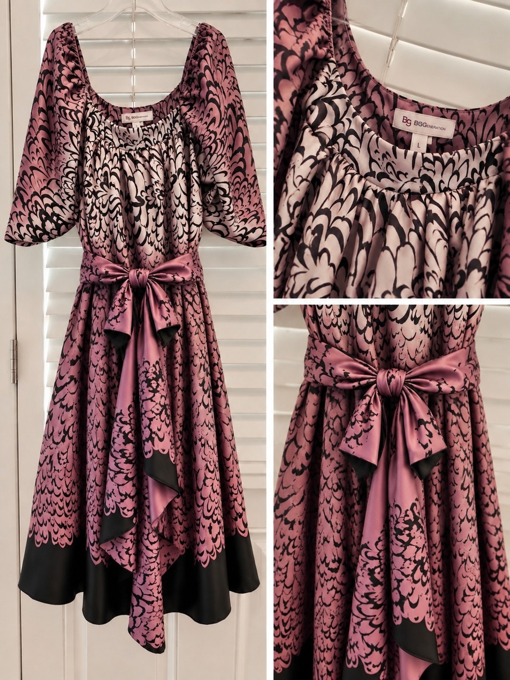BCBGeneration Pink and Black Patterned Party Dress with Sash